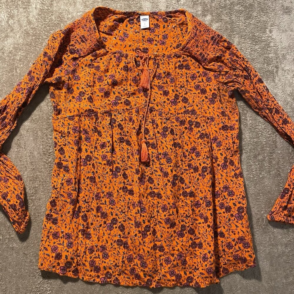 Old Navy Blouse Womens Small Orange Floral Long Sleeve Tunic Peasant Tassel Rayo